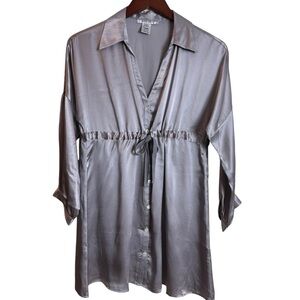 Nine West Silver 100% Silk Tunic Blouse Top Drawstring Cinched Waist Size 8